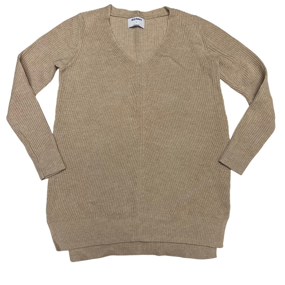 Old Navy Textured V-Neck Tunic Sweater Beige Small Longline Knit Pullover